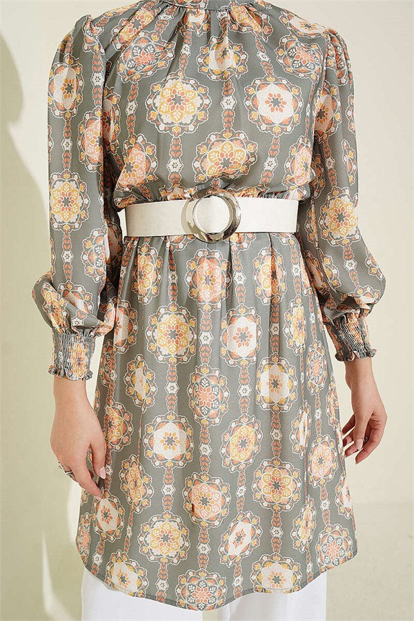 Sleeve-trimmed Patterned Tunic in Light Green