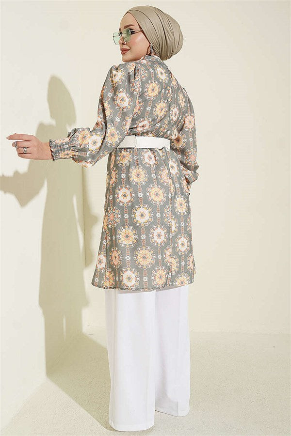 Sleeve-trimmed Patterned Tunic in Light Green