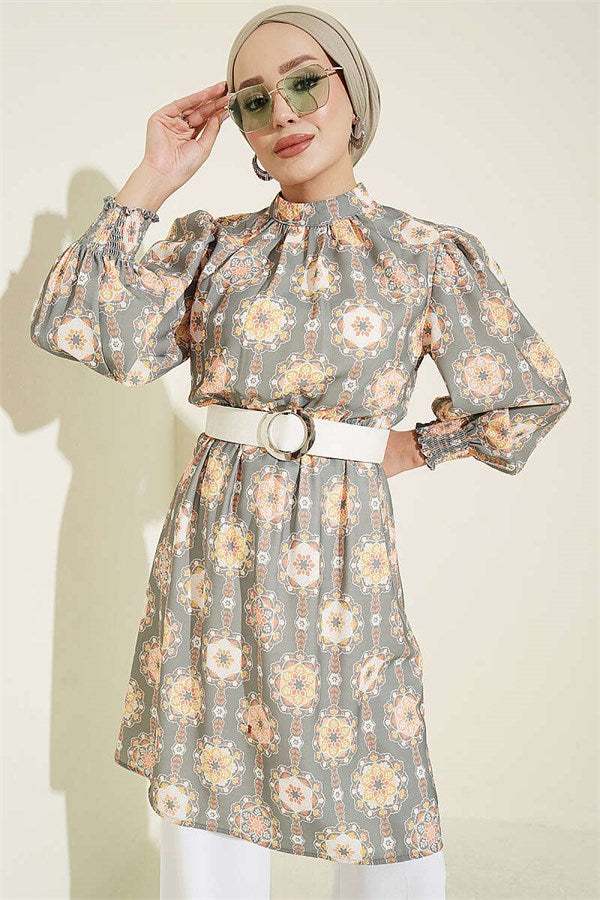 Sleeve-trimmed Patterned Tunic in Light Green