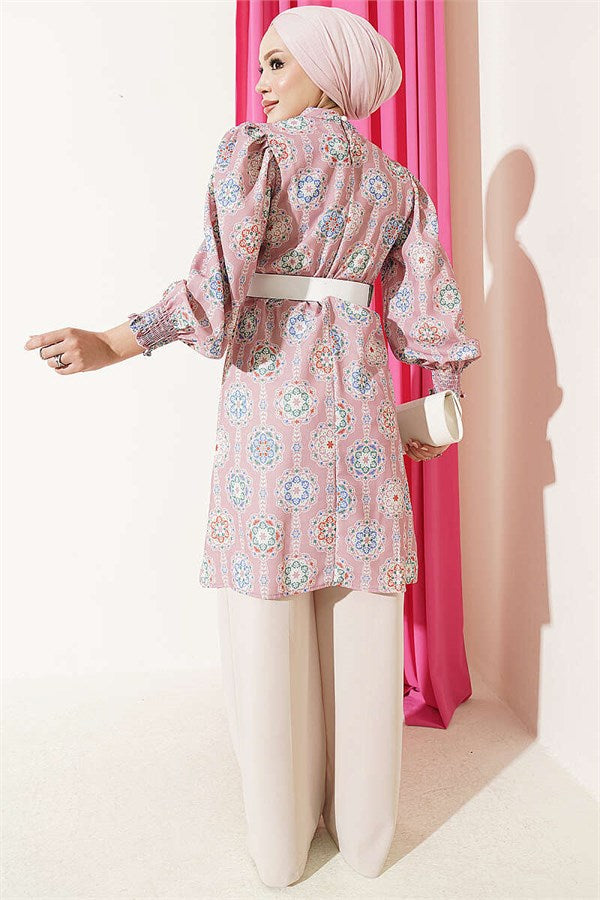Sleeve-trimmed Patterned Tunic in Powder Pink