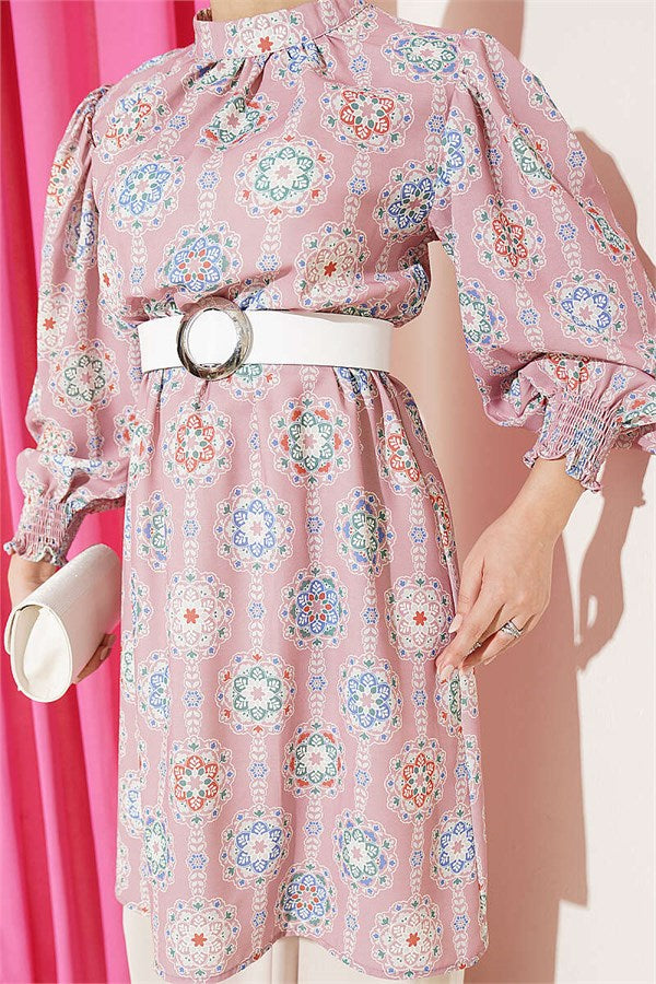 Sleeve-trimmed Patterned Tunic in Powder Pink