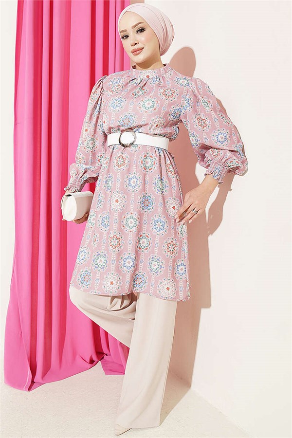 Sleeve-trimmed Patterned Tunic in Powder Pink