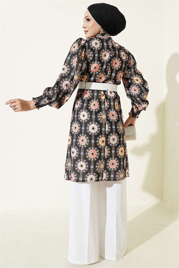 Sleeve-trimmed Patterned Tunic, Black