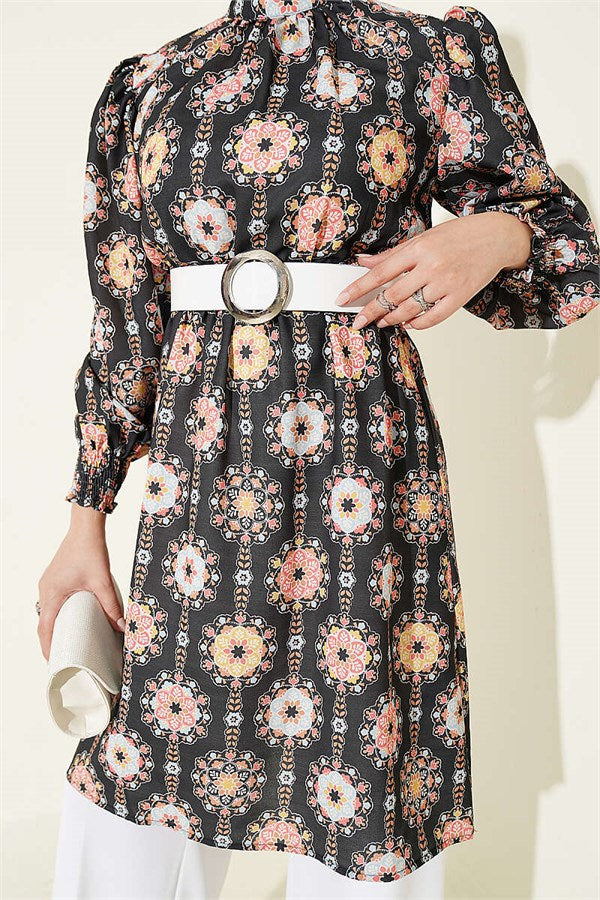 Sleeve-trimmed Patterned Tunic, Black