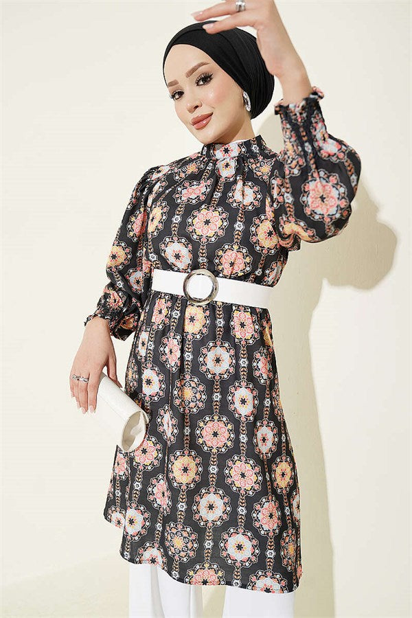 Sleeve-trimmed Patterned Tunic, Black