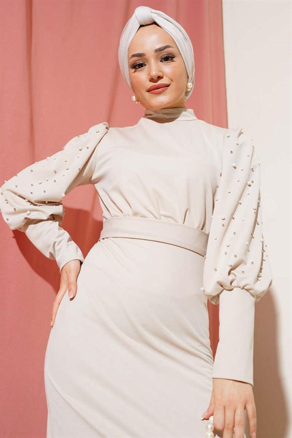 Belted Dress with Pearled Sleeves and Stone