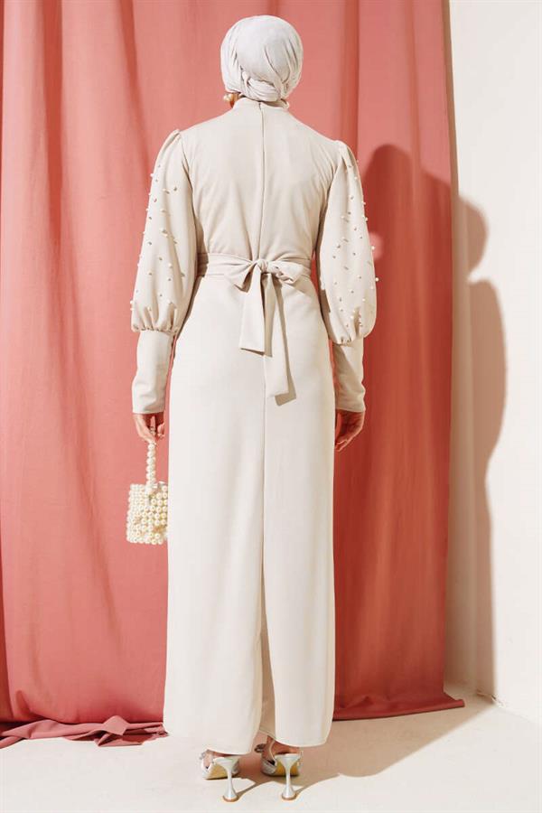 Belted Dress with Pearled Sleeves and Stone