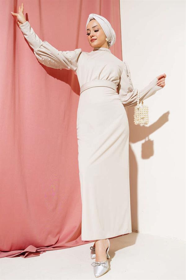 Belted Dress with Pearled Sleeves and Stone