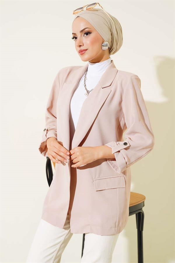 Jacket with Folded Sleeves and Pocket Details Stone