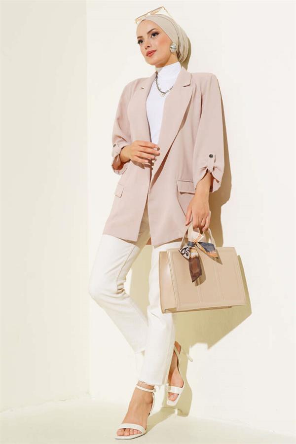 Jacket with Folded Sleeves and Pocket Details Stone