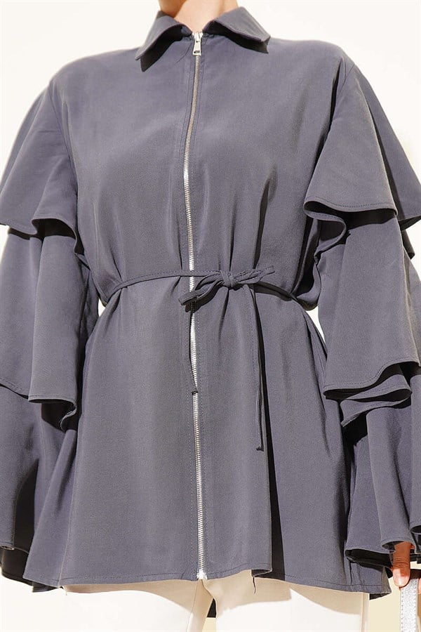 Tencel Jacket with Folded Sleeves and Zipper, Dark Gray