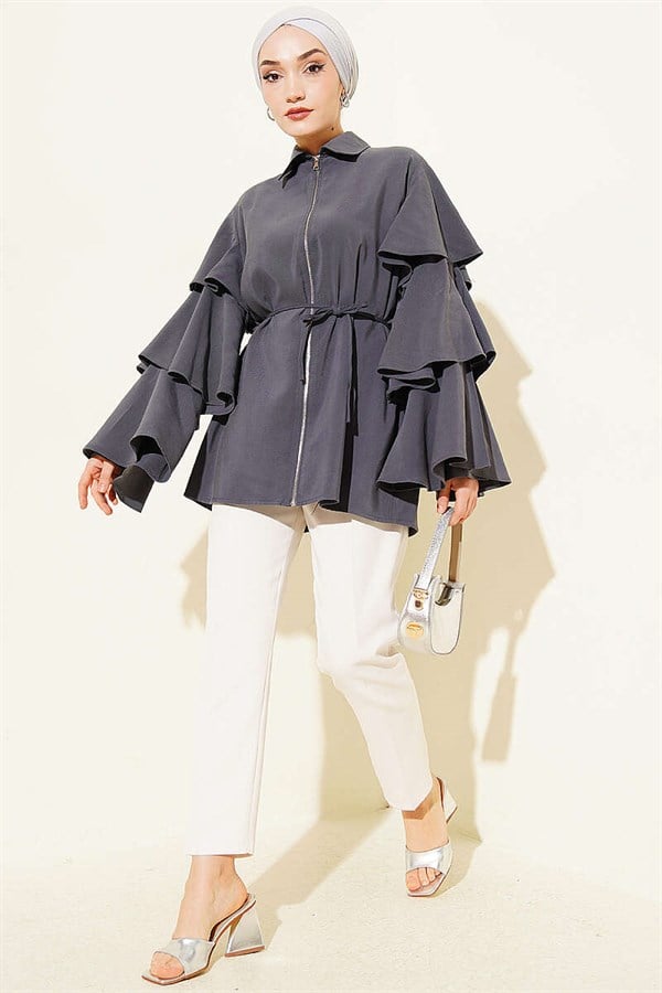 Tencel Jacket with Folded Sleeves and Zipper, Dark Gray