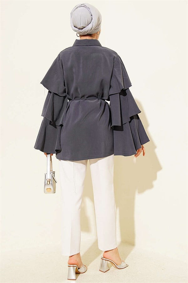 Tencel Jacket with Folded Sleeves and Zipper, Dark Gray