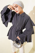 Tencel Jacket with Folded Sleeves and Zipper, Dark Gray
