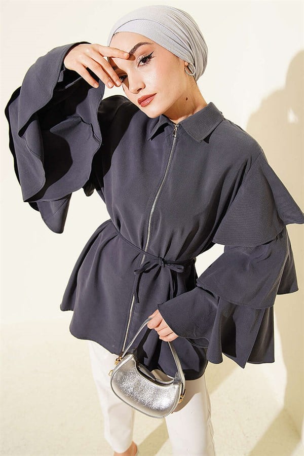 Tencel Jacket with Folded Sleeves and Zipper, Dark Gray