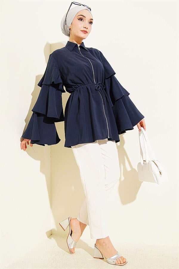 Tencel Jacket with Folded Sleeves and Zipper, Navy Blue