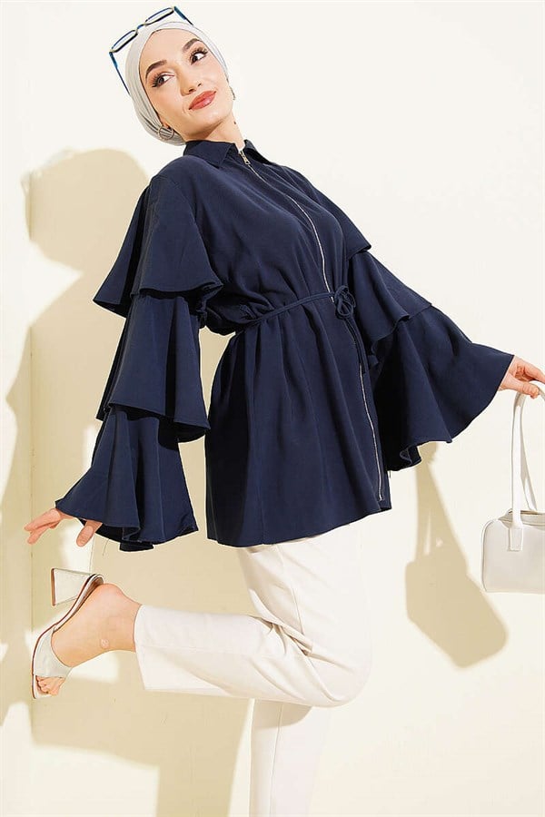 Tencel Jacket with Folded Sleeves and Zipper, Navy Blue