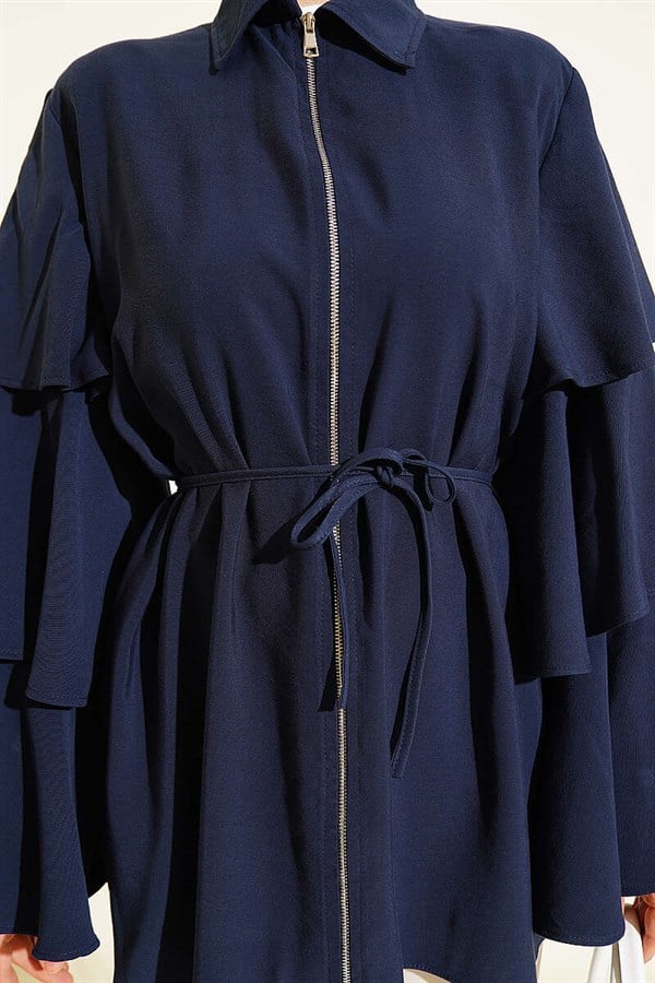 Tencel Jacket with Folded Sleeves and Zipper, Navy Blue