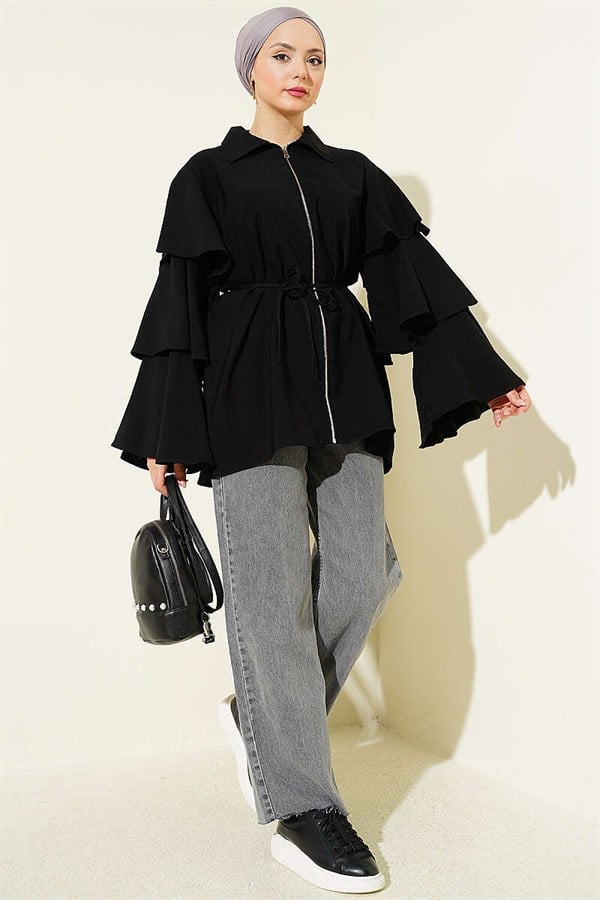 Black Tencel Jacket with Folded Sleeves and Zipper