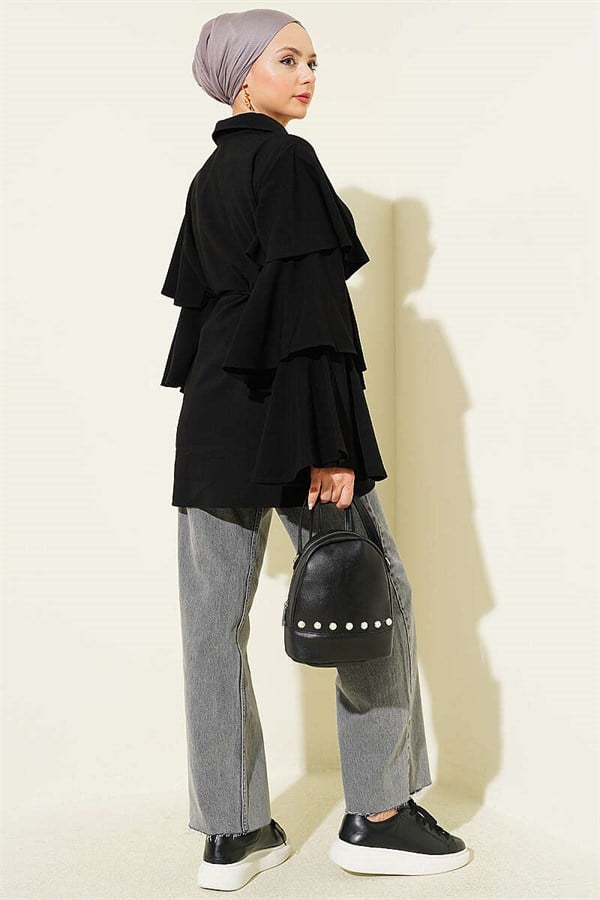 Black Tencel Jacket with Folded Sleeves and Zipper