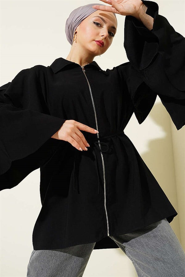 Black Tencel Jacket with Folded Sleeves and Zipper