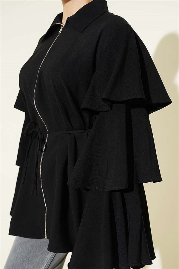Black Tencel Jacket with Folded Sleeves and Zipper