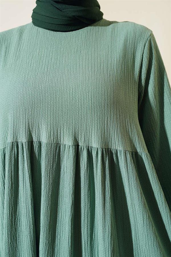 Elasticated Sleeve Crepe Dress, Almond Green
