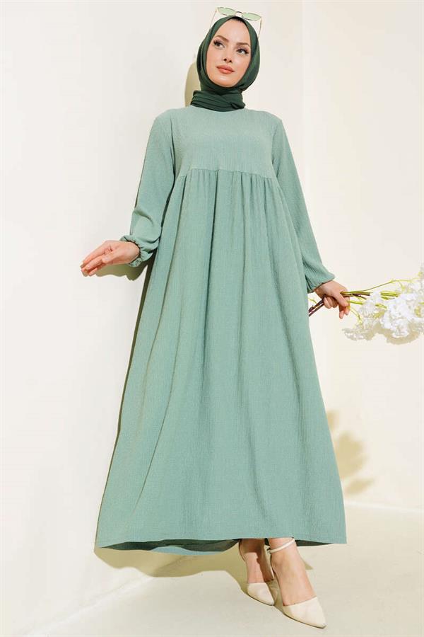 Elasticated Sleeve Crepe Dress, Almond Green