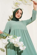 Elasticated Sleeve Crepe Dress, Almond Green
