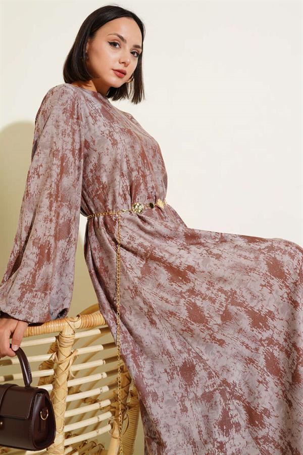 Patterned Dress with Elastic Sleeves, Brown
