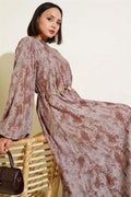 Patterned Dress with Elastic Sleeves, Brown