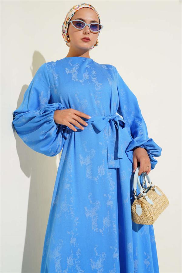 Elastic Sleeve Patterned Dress Blue