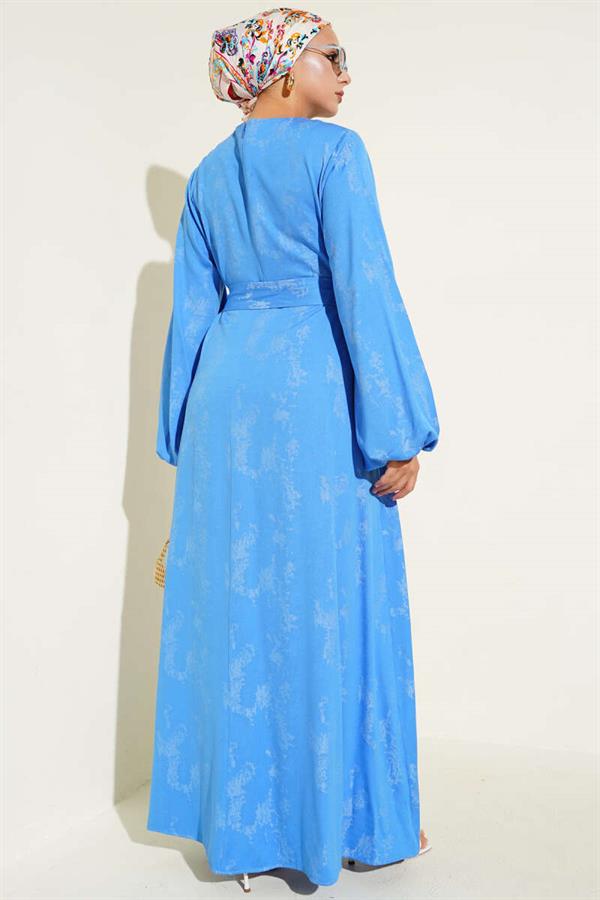 Elastic Sleeve Patterned Dress Blue
