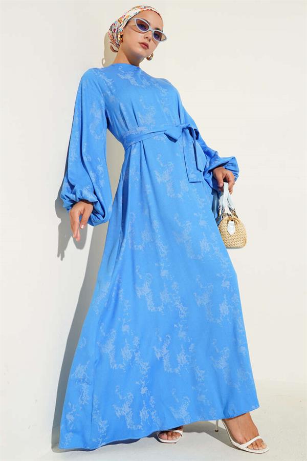 Elastic Sleeve Patterned Dress Blue