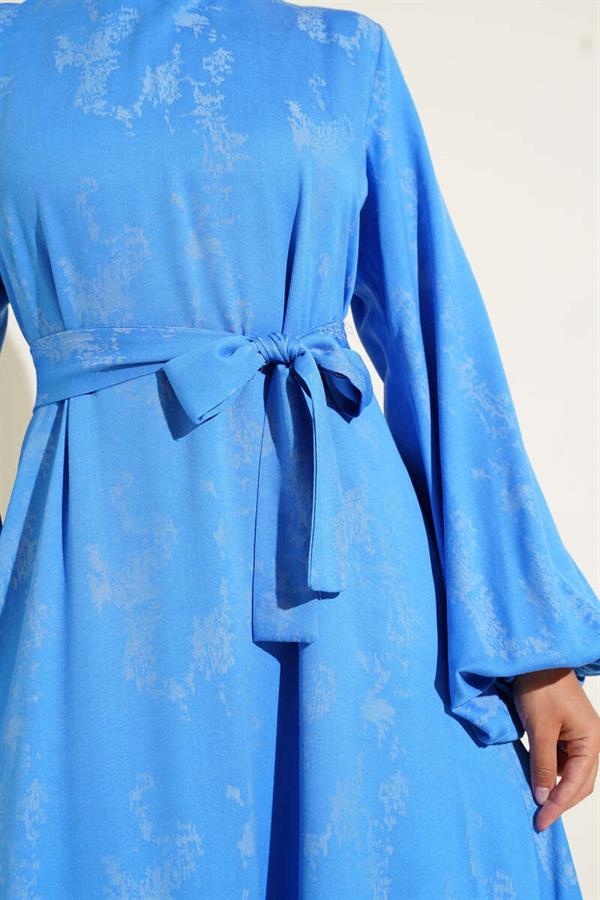 Elastic Sleeve Patterned Dress Blue