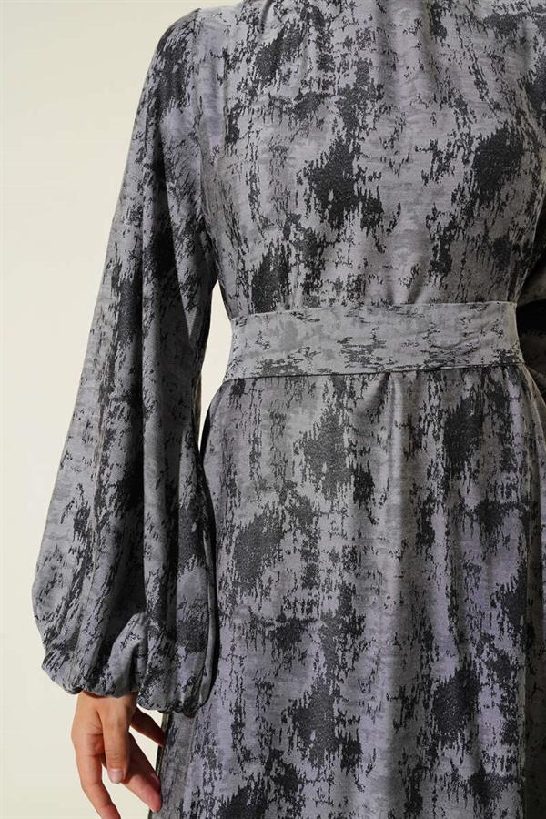 Elastic Sleeve Patterned Dress Black