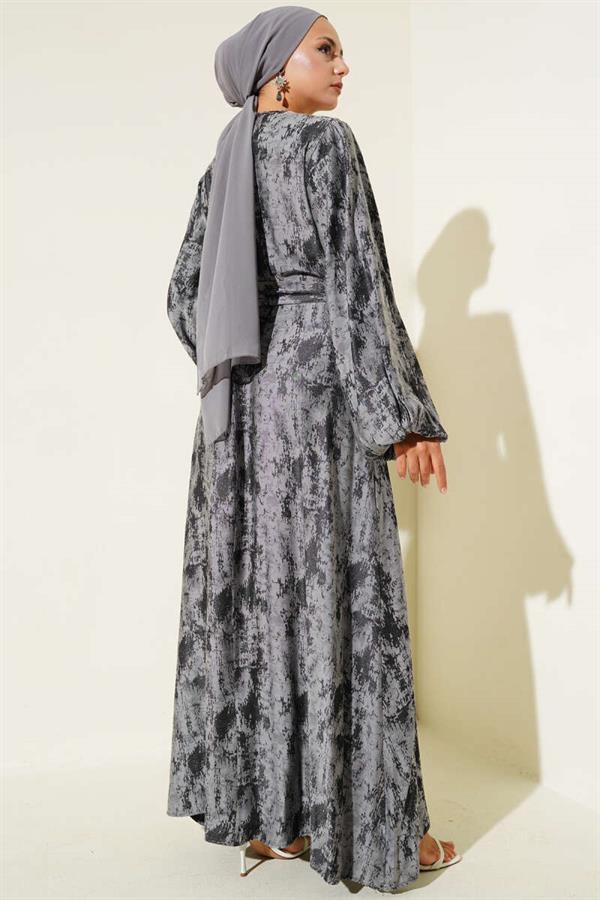 Elastic Sleeve Patterned Dress Black