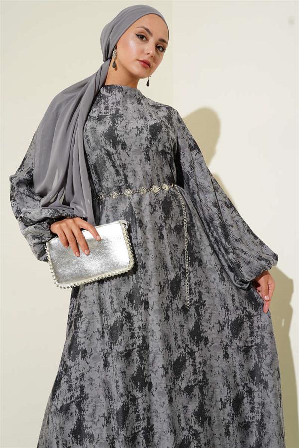 Elastic Sleeve Patterned Dress Black