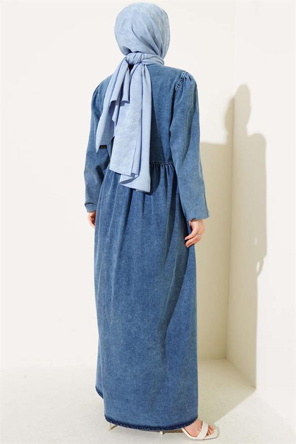 Elastic Sleeve Metal Button Denim Dress Jeans