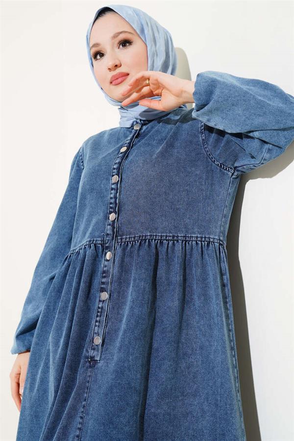 Elastic Sleeve Metal Button Denim Dress Jeans