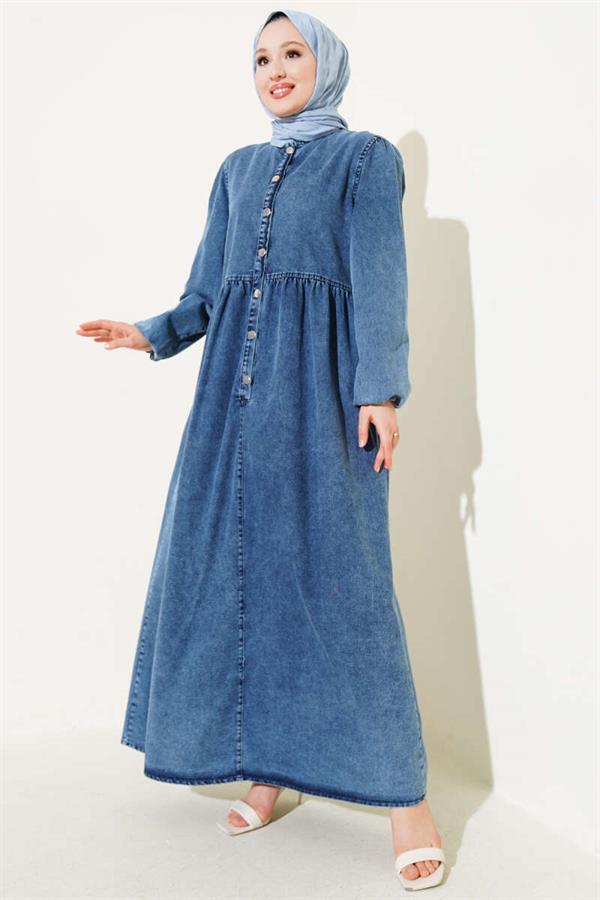 Elastic Sleeve Metal Button Denim Dress Jeans
