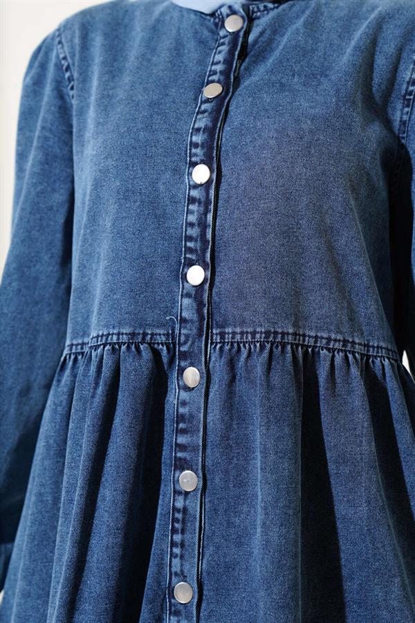 Elastic Sleeve Metal Button Denim Dress Jeans