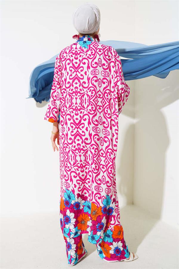 Elastic Sleeve Casual Kimono 2 Piece Set Fuchsia