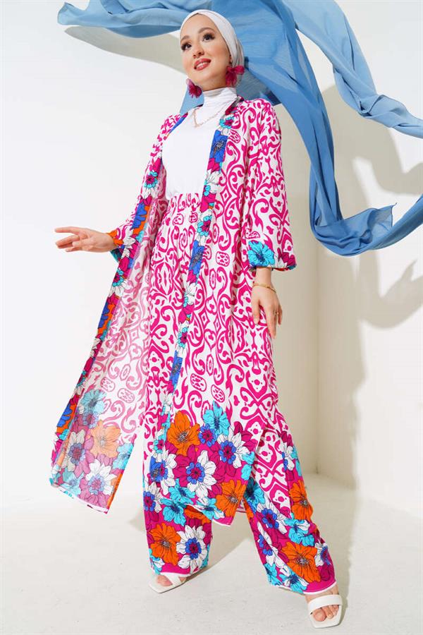 Elastic Sleeve Casual Kimono 2 Piece Set Fuchsia