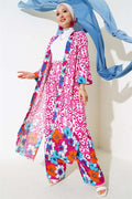 Elastic Sleeve Casual Kimono 2 Piece Set Fuchsia