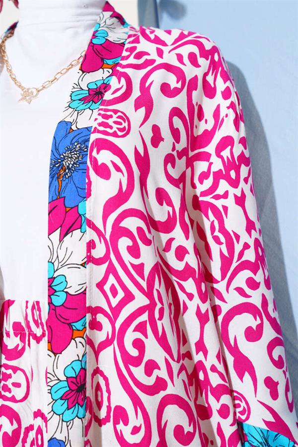 Elastic Sleeve Casual Kimono 2 Piece Set Fuchsia