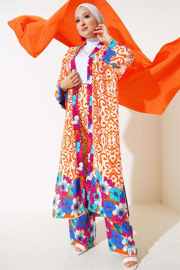 Casual Kimono Set with Elastic Arms Orange