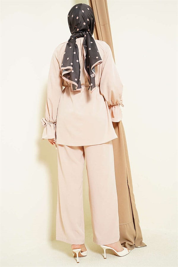 Beige 2 Piece Set with Rose Detail on Cuff Sleeves