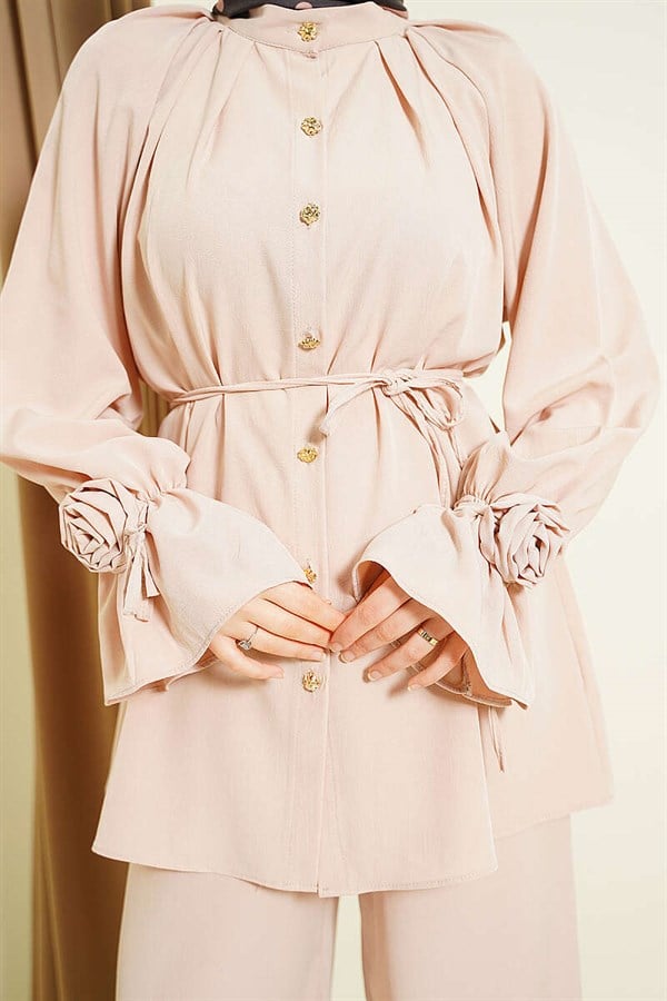 Beige 2 Piece Set with Rose Detail on Cuff Sleeves