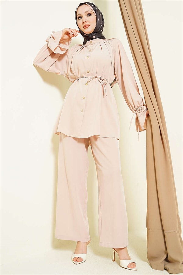 Beige 2 Piece Set with Rose Detail on Cuff Sleeves